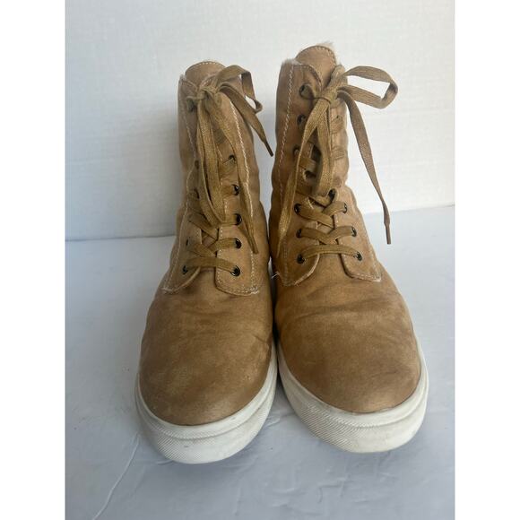 PAWJ Vegan Tan Mid Calf Polar Fleece Lace Up Round Toe Rubber Sole Boot Sz 10.5 - Picture 4 of 11